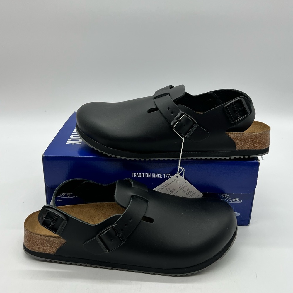Birkenstock Tokio Super Grip Men 10 Narrow Black Leather Back Trap Clogs Sandals